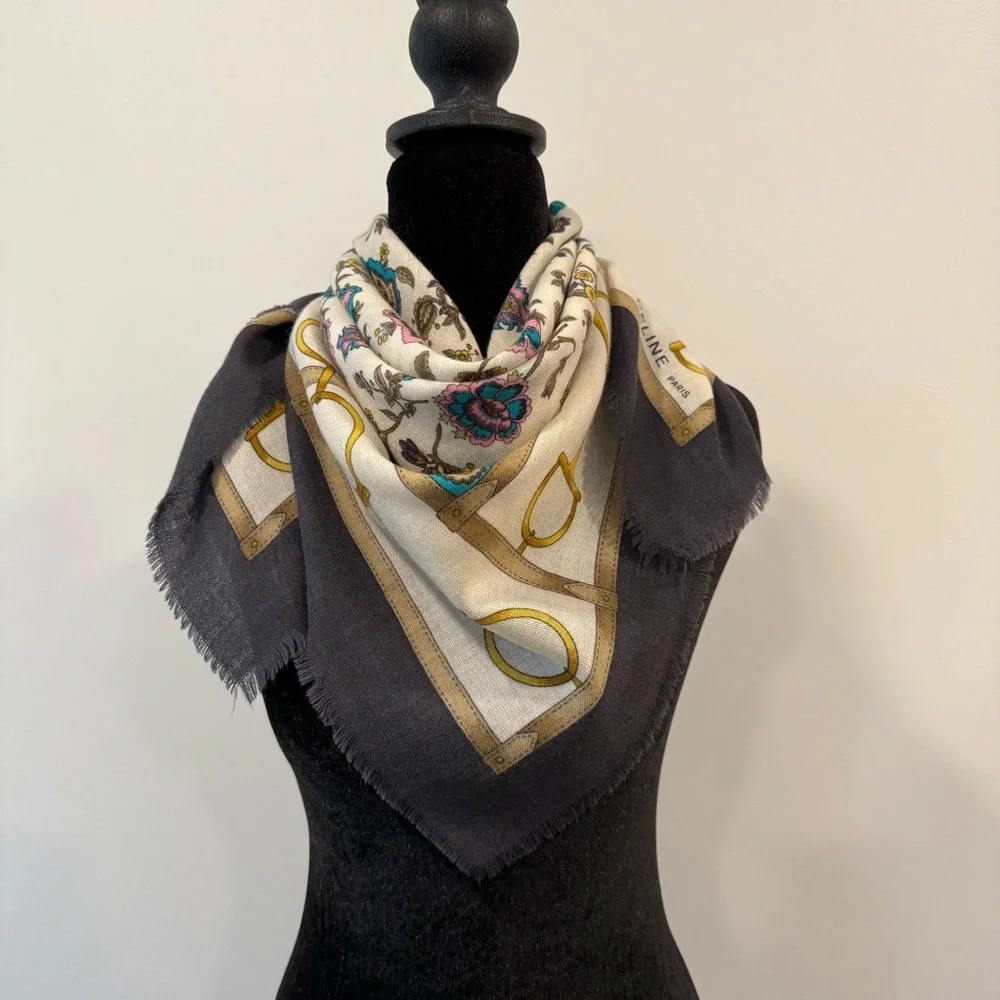 Celine Silk Scarf 90 Carré Floral Navy Ivory Made in France - Picture 8 of 14